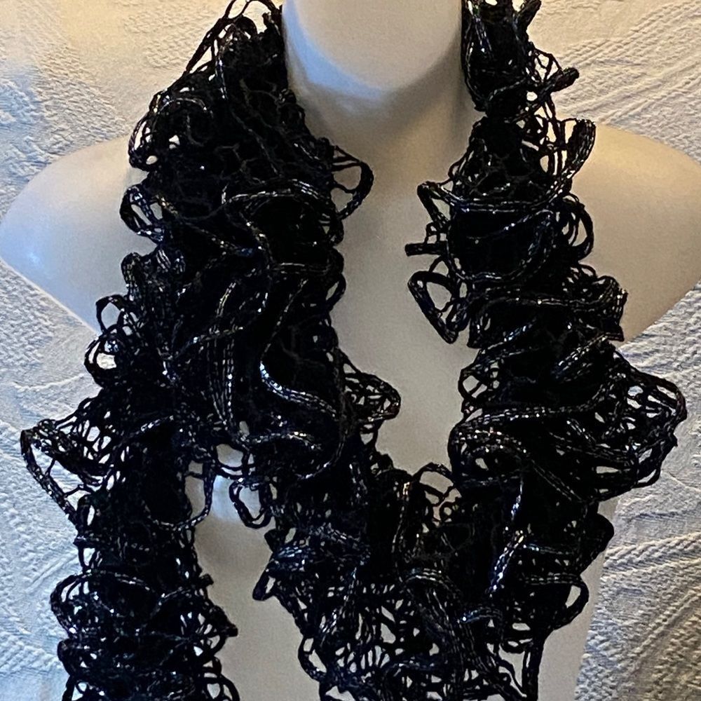Elegant Black Ruffled Scarf Size 70” Long